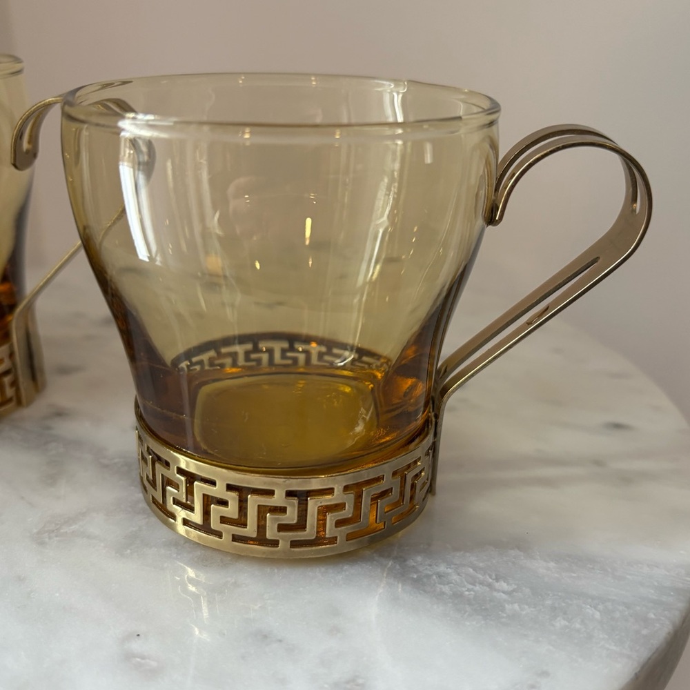 2 Vintage MCM Libbey Amber Glass Continental Cup w Gold Metal Greek Key Handles - Picture 2 of 12